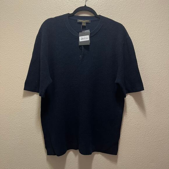 Steweart of Scotland Cashmere Blend Men's Knitted Short Sleeve Sweater Navy XL - Picture 2 of 6